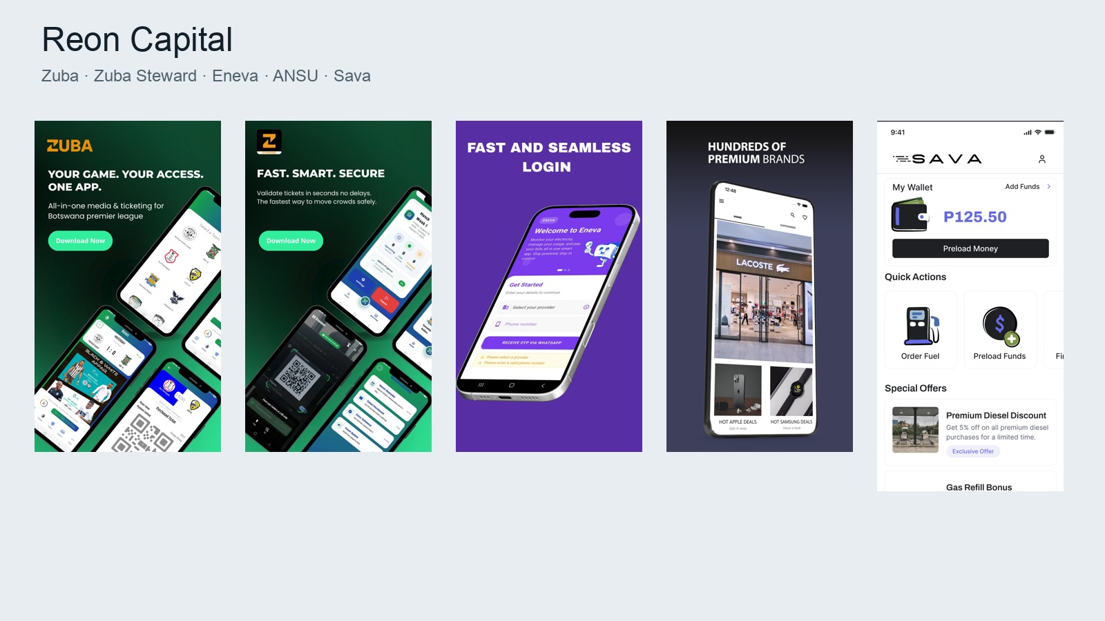 Zuba, Eneva, ANSU, and Sava mobile project previews