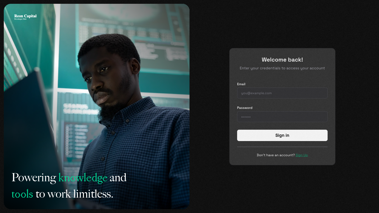 Reon Capital Developer Hub sign-in and account creation interface