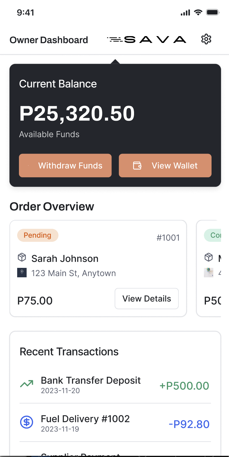 Sava owner dashboard interface